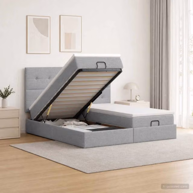 Letto matrimoniale con contenitore a sollevamento e materasso vidaXL, Grigio e Bianco, L/P/H: 200 x 200 x 88 cm