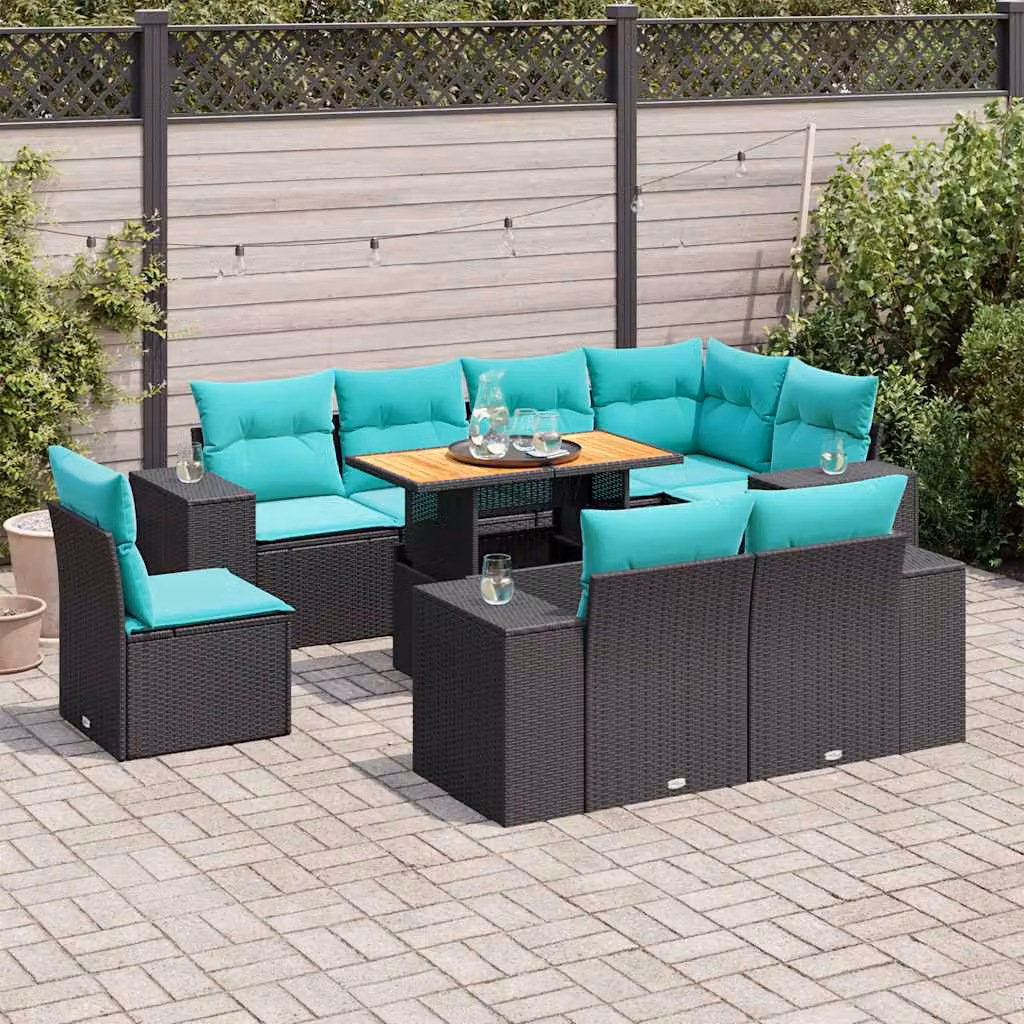 Set di divani da giardino vidaXL 9 pz a forma di U con cuscini e tavolino da esterno in polyrattan e metallo nero