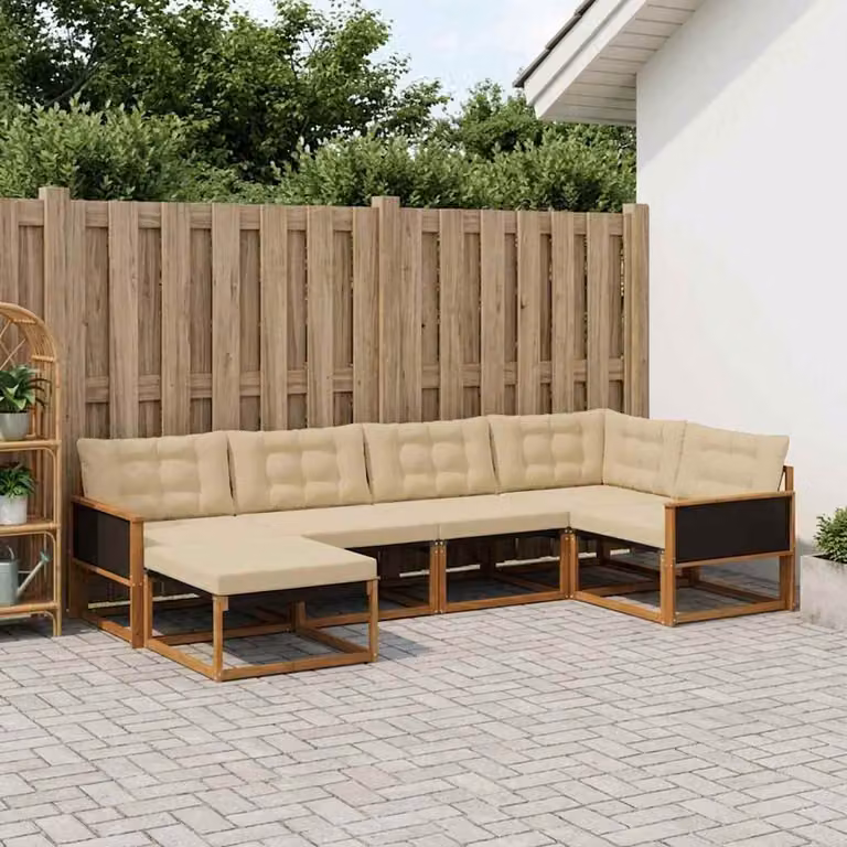 Set di divani da esterno vidaXL a forma di L composto da 6 pezzi in legno di acacia con cuscini beige e marrone per giardino e terrazza