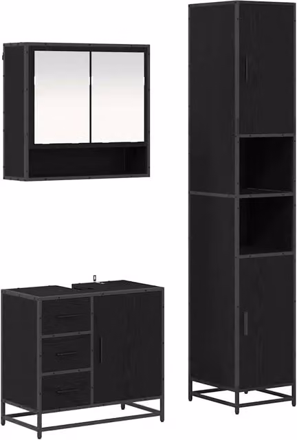 Set di mobili per il Bagno | Armadio da bagno 3 pz Rovere Nero Legno multistrato