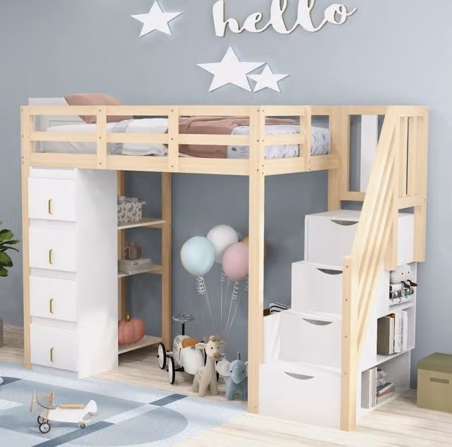 Letto a soppalco 90x200 cm con 4 cassetti e scaffale a 3 ripiani; legno naturale