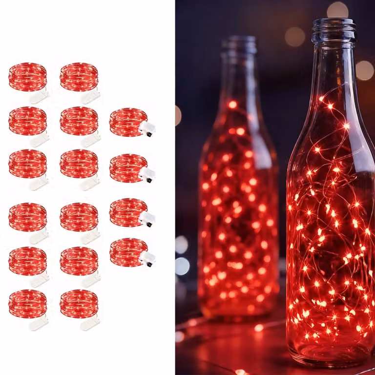 Catena luminosa a LED, set da 16 luci, lunghezza 3 metri, colore rosso, alimentazione a batteria, impermeabile