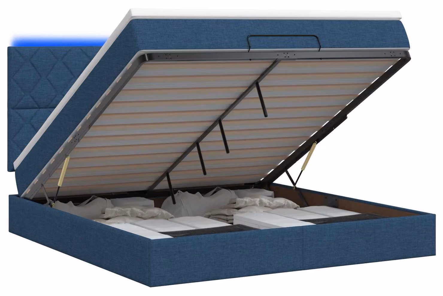 Panca contenitore con materasso e illuminazione LED blu, dimensioni 140 x 190 cm, rivestita in tessuto