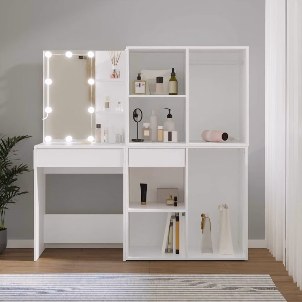 vidaXL Toeletta Hollywood LED con 2 Armadietti in Legno Multistrato Bianco L: 140 cm, P: 40 cm, H: 60 cm