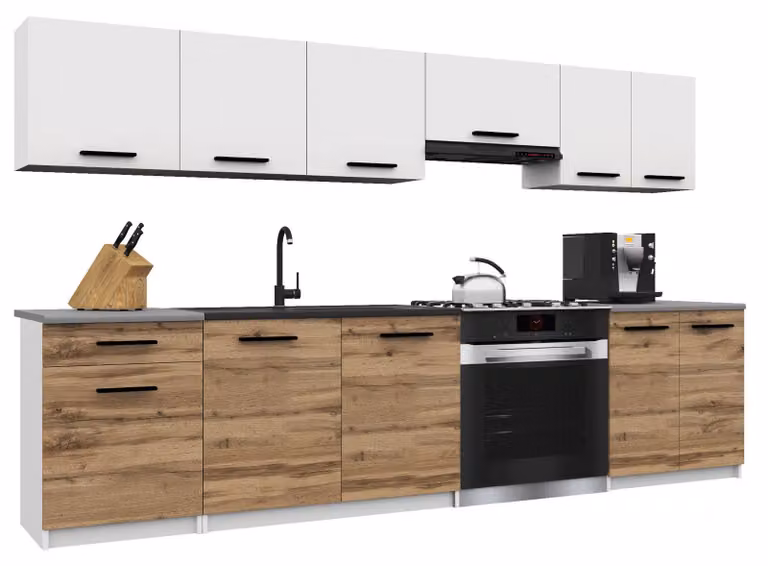 Belini - Angolo cottura moderno ITALIA 2 - Mobili da cucina 240 cm bianco-marrone dorato opaco - Cucina componibile con pensili, mobili base e piani di lavoro