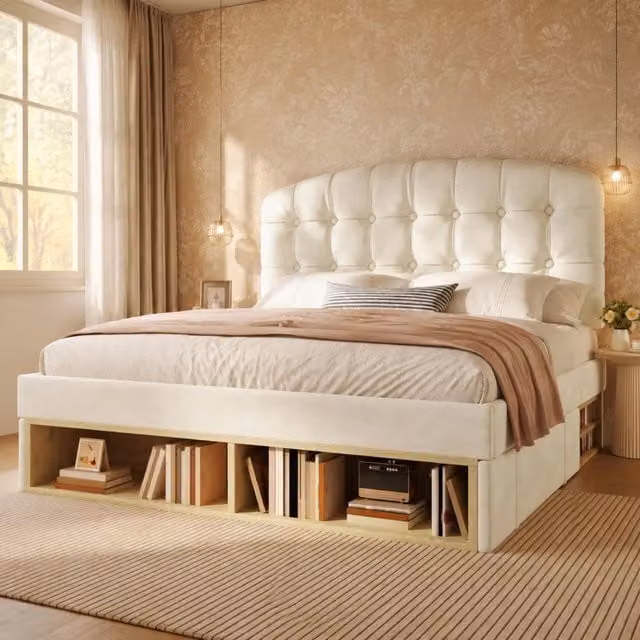 Letto matrimoniale imbottito 140x190 cm beige in velluto con rete a doghe e cassetti contenitori