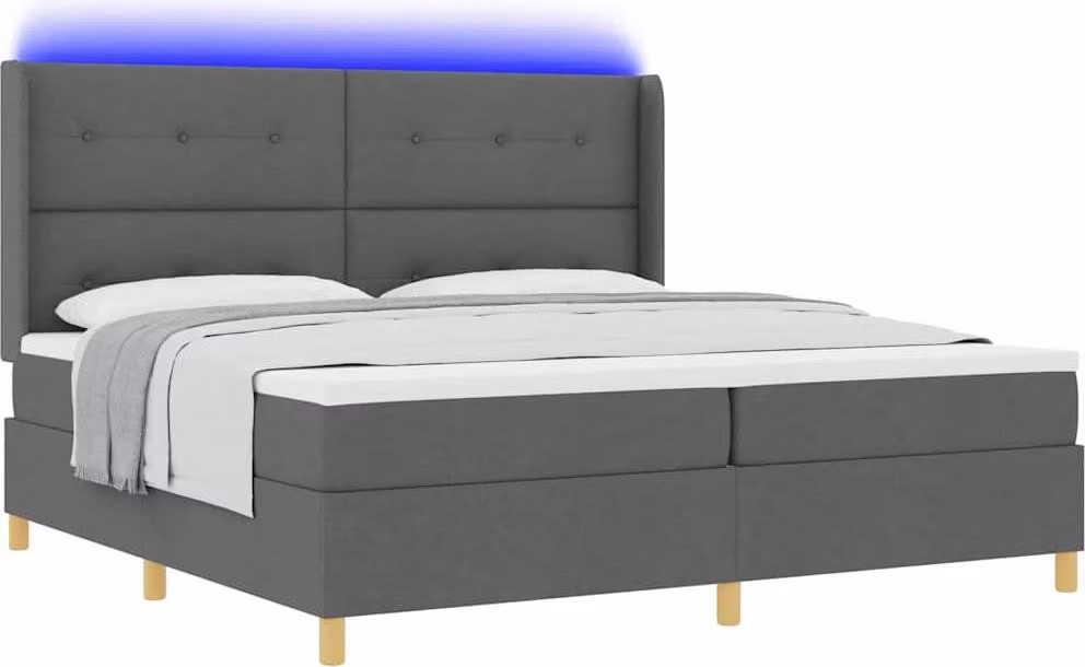 Letto con rete a molle e illuminazione a LED, colore grigio, dimensioni 200 x 200 cm, rivestito in tessuto