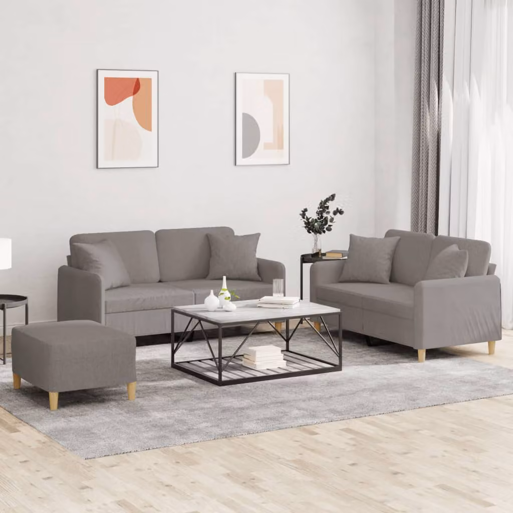 Set di divani da soggiorno vidaXL in tessuto beige e grigio con cuscini e struttura in legno e metallo in stile moderno