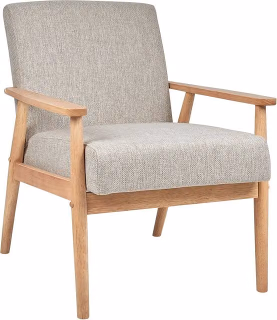 Poltrona da salotto con rivestimento in tessuto grigio con struttura in legno stile retrò