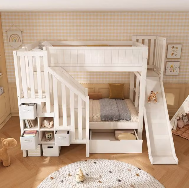 Letto a castello per bambini 90x200 cm con scivolo, scale contenitore e cassetti bianco HAVRYA
