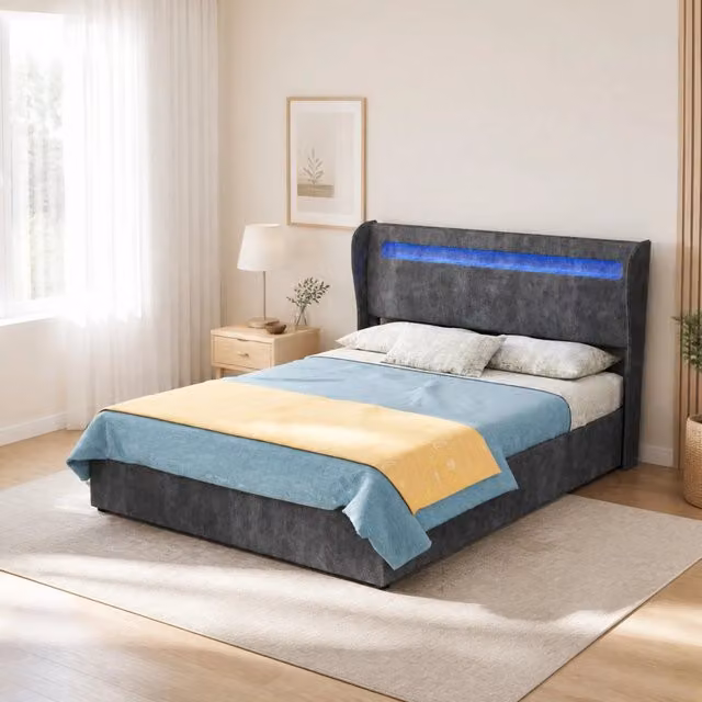 Letto basso con LED a colori regolabili; 140x200 cm; tessuto e metallo; grigio