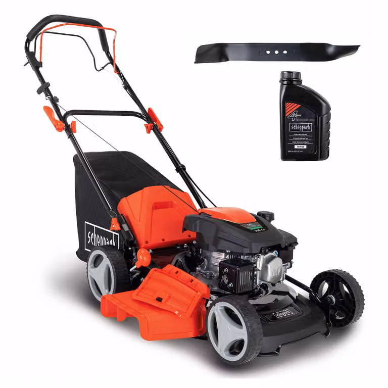 Scheppach MS161-46 Tosaerba a benzina con trazione - Larghezza di taglio 46 cm | Funzione di pulizia | 55 L | 7 altezze | Pacciamatura | Olio motore e lama di ricambio inclusi