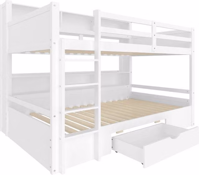 Letto a castello in legno massello di pino bianco 90x200 cm con cassetti e ripiani, per bambini, senza materasso