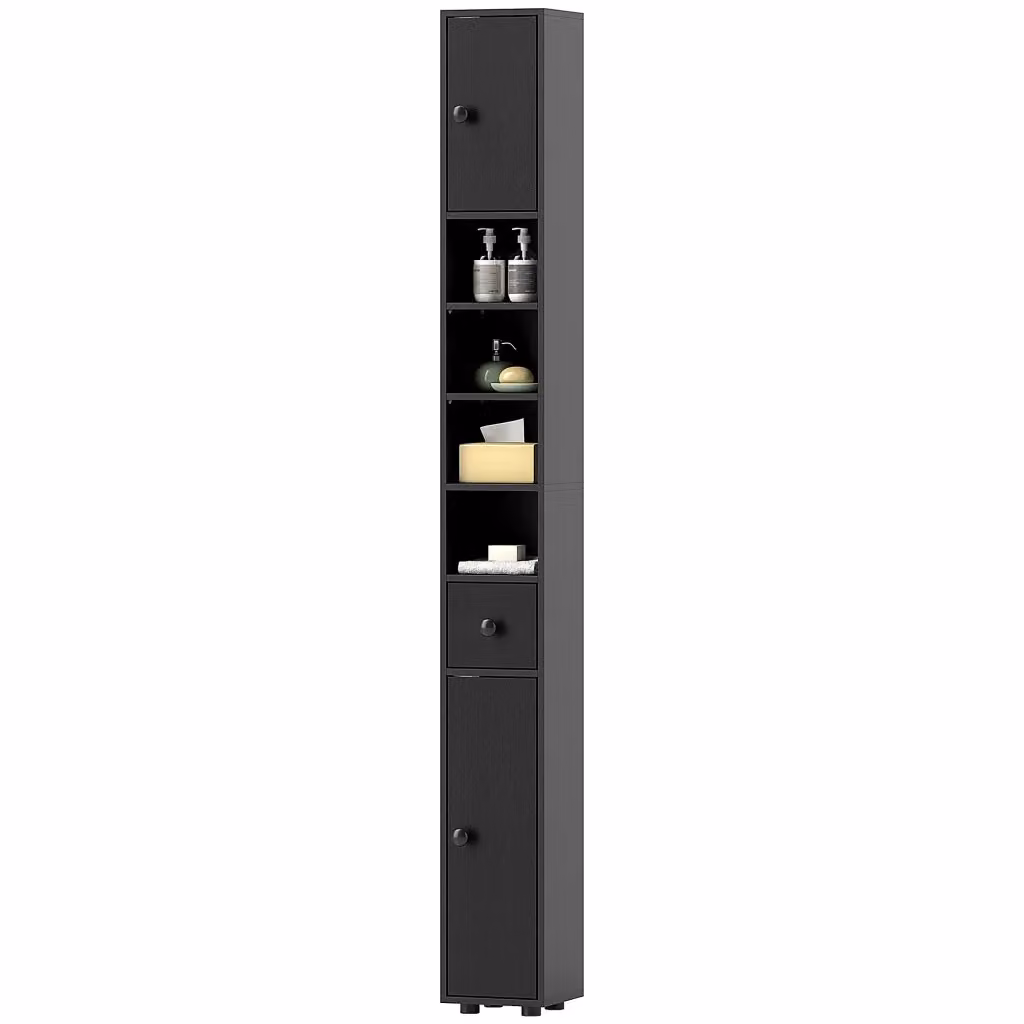 Colonna Bagno Salvaspazio Xylo Nero con Cassetto e Ripiani, L/P/H: 20 x 20 x 180 cm – 2