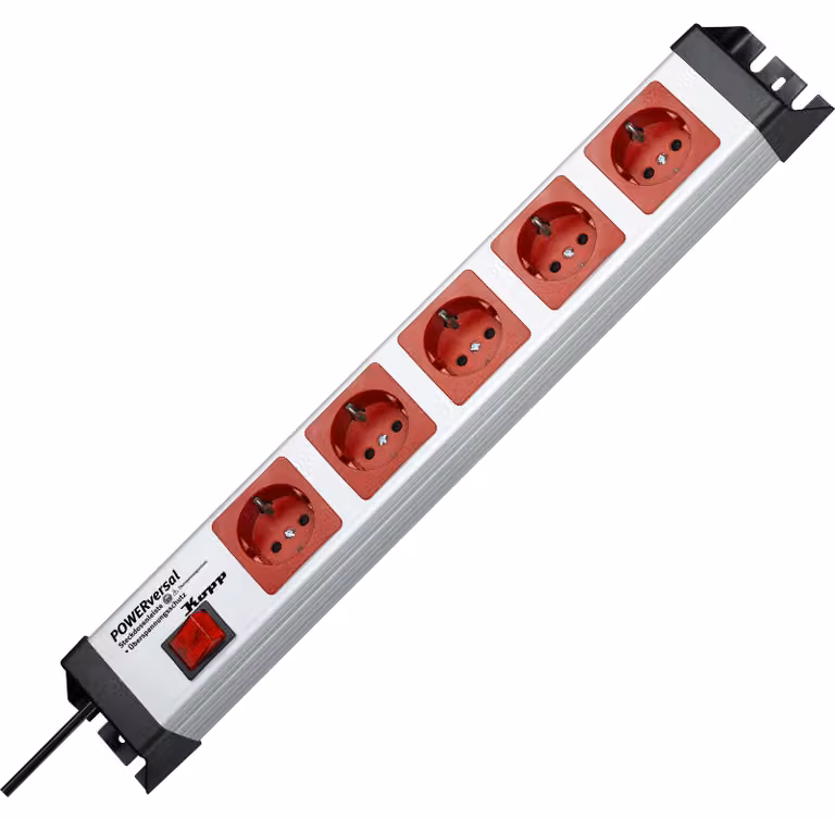 Presa Kopp con ÜSS, rosso/grigio, 5 vie, 5 contatti di protezione, con interruttore, cavo di alimentazione da 1,4 m