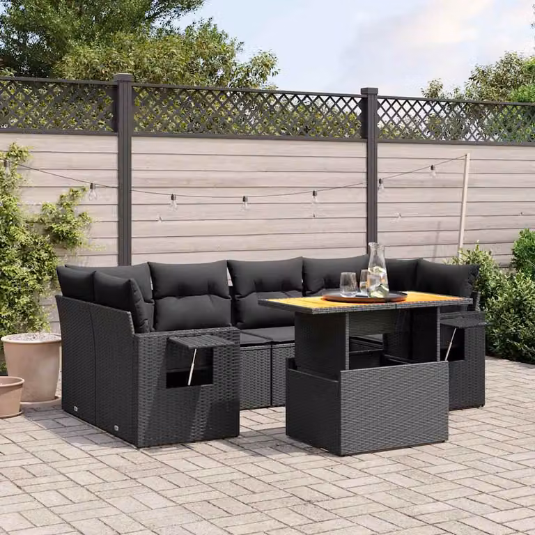 vidaXL Set Divani da Giardino a L con Cuscini 7pz Nero Polyrattan e Legno di Acacia