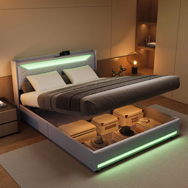 Letto imbottito ProximaX 140x200 cm in tessuto di lino grigio, design moderno, con luce LED per la testata del letto, connessione per la ricarica USB, luce LED per i piedi del letto e spazio per riporre le cose grazie alla funzione di molla a pressione a
