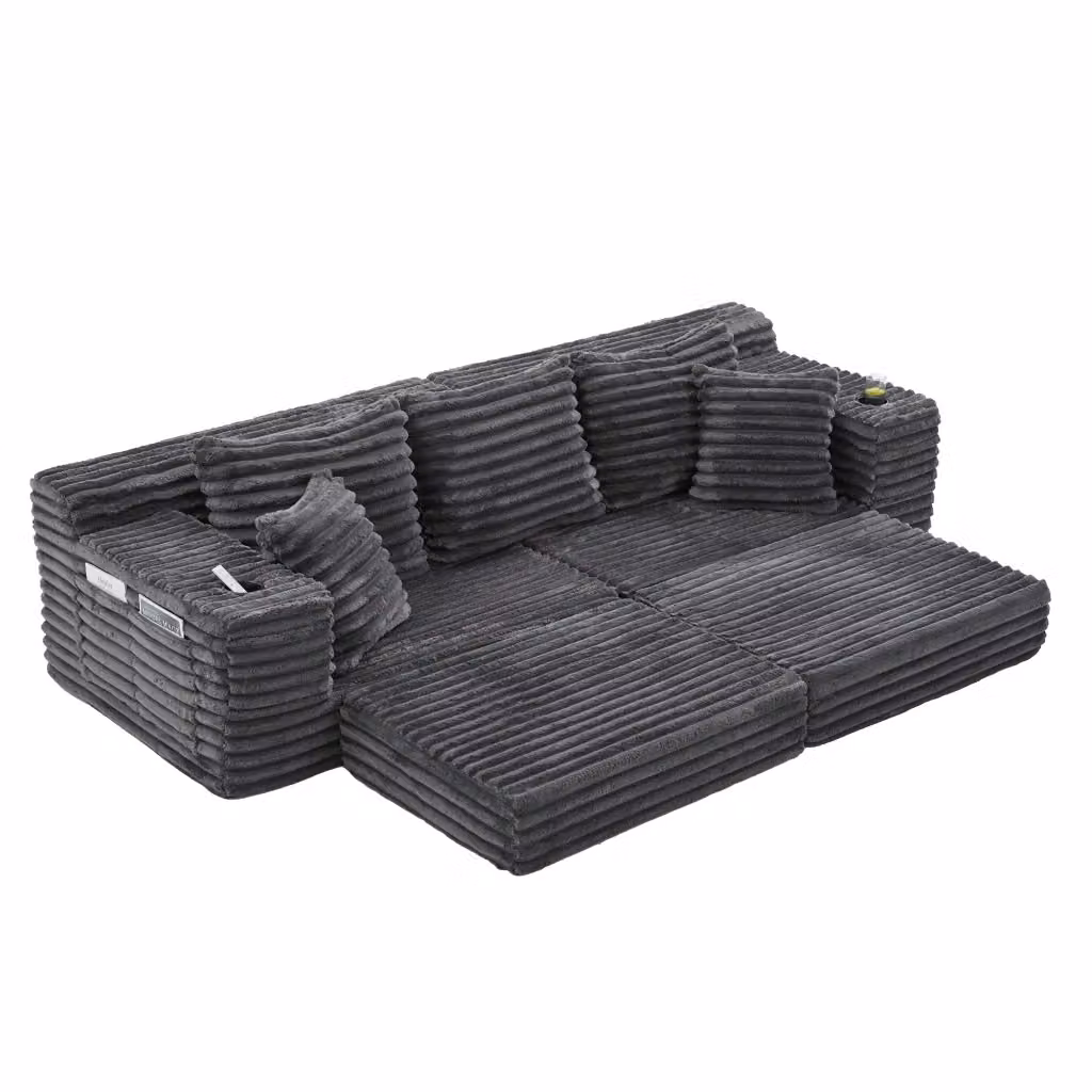 Divano letto modulare Chicfurn in tessuto a coste grigio con portabicchieri e cuscini inclusi – 2