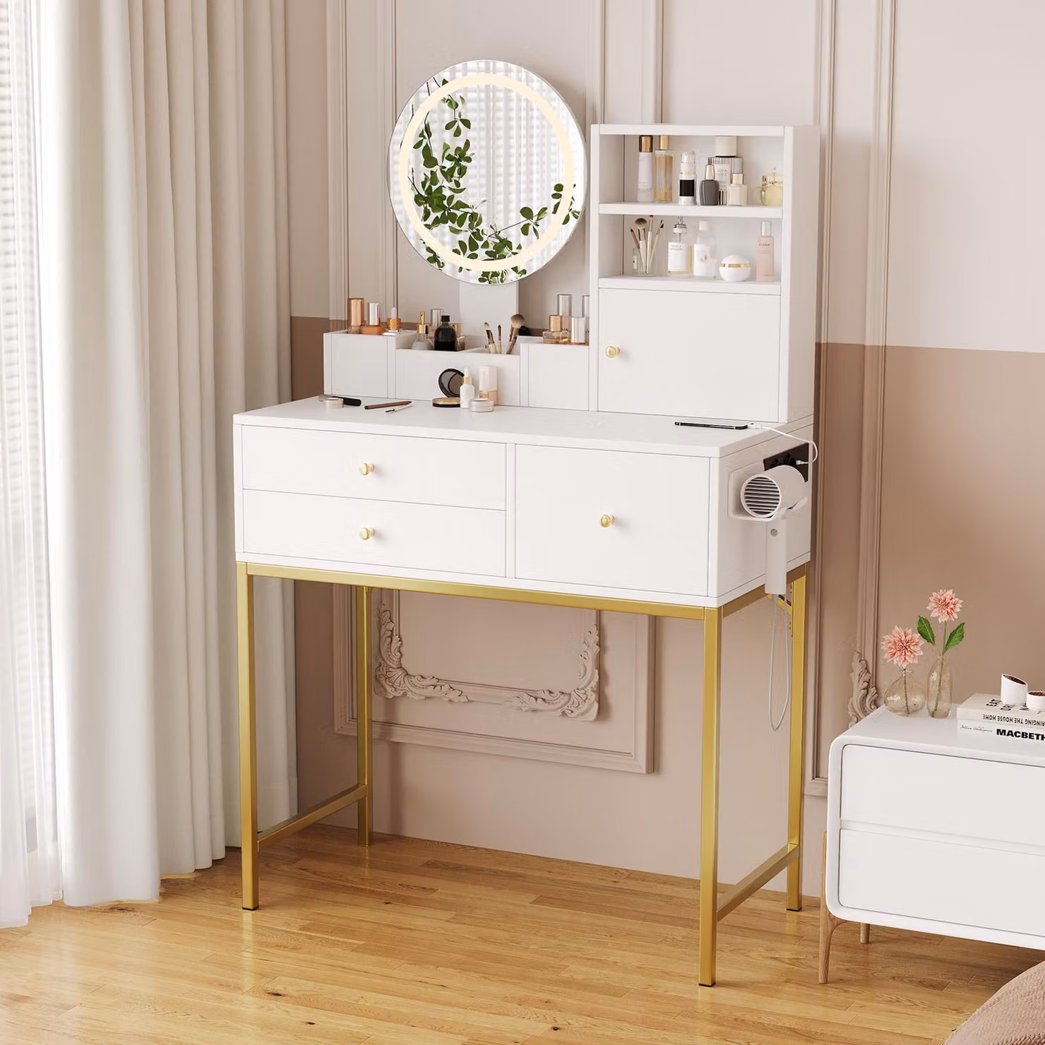 Tavolino da toilette Merax con specchio, illuminazione LED, luminosità regolabile, 3 cassetti, porta, USB, Type-C, supporto per asciugacapelli, tavolo per cosmetici, bianco