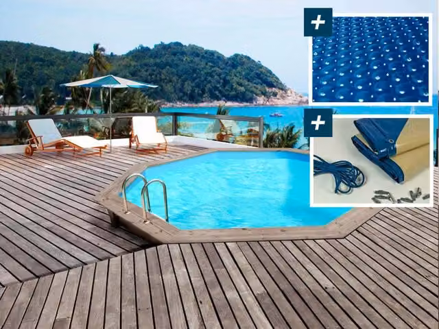Piscina rotonda in legno Verona Habitat et Jardin blu con telo di copertura a bolle d'aria e telo invernale L: 5,10 m, H: 1,20 m
