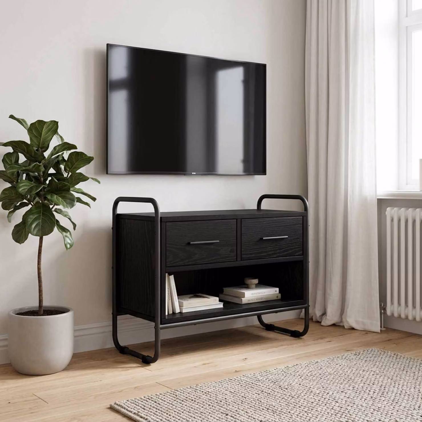 Mobile TV vidaXL moderno in legno ingegnerizzato e metallo, colore nero, L 60 cm x P 30 cm x H 50 cm