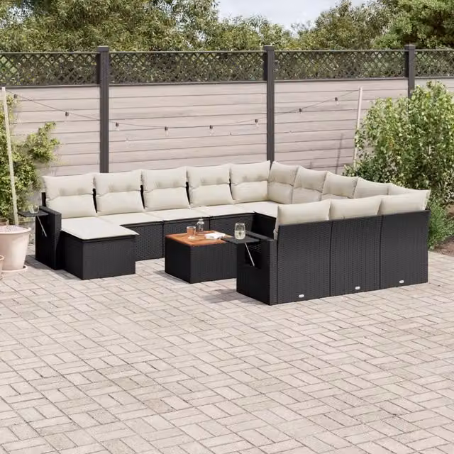 Set di divani da giardino a forma di U VIDAXL in polyrattan nero con 13 pezzi e cuscini inclusi – 1