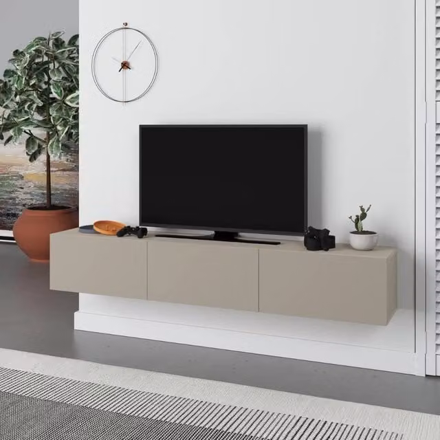Mobile porta TV sospeso Tezeta moderno con 3 ante a ribalta, colore beige e bianco, L: 180 cm, P: 30 cm, H: 30 cm