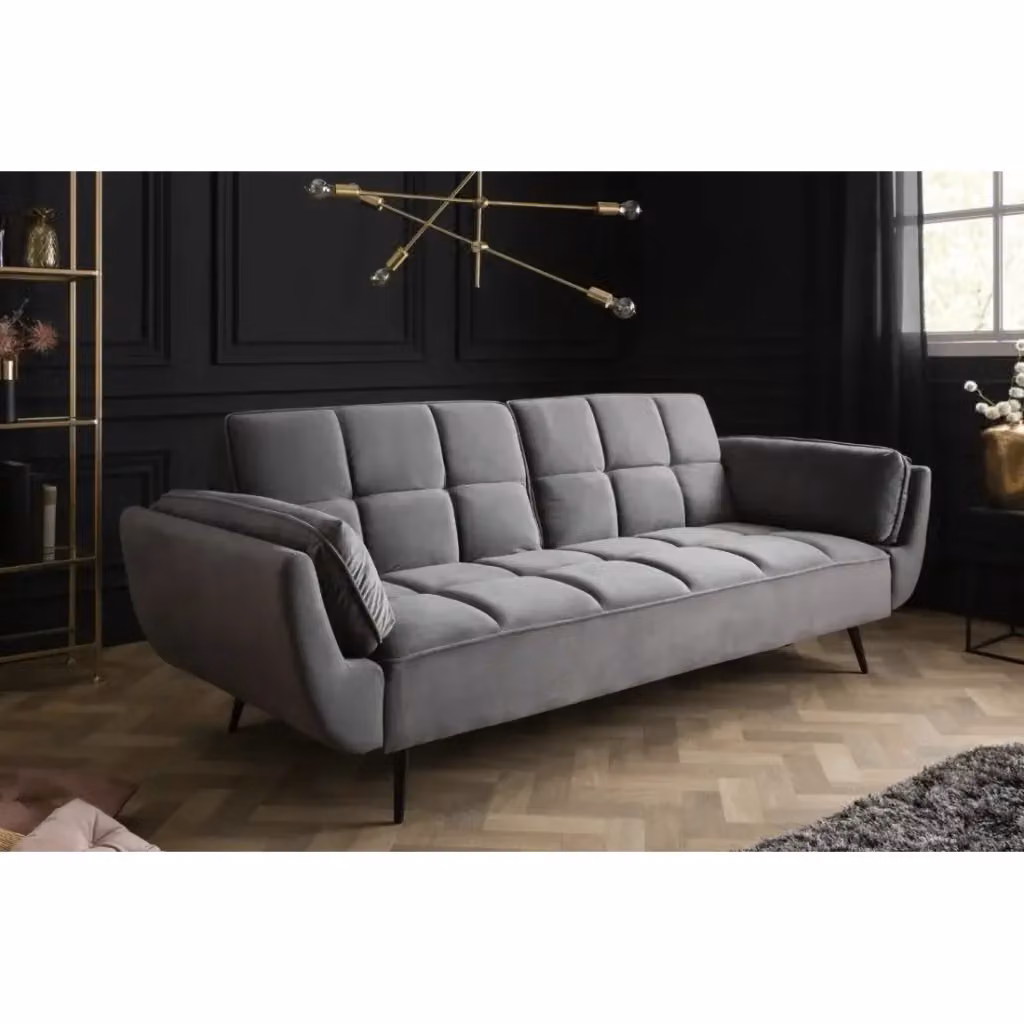 Divano dritto NEVISI Meublorama grigio con funzione letto e cuscini, stile scandinavo in velluto con piedi in metallo nero – 2