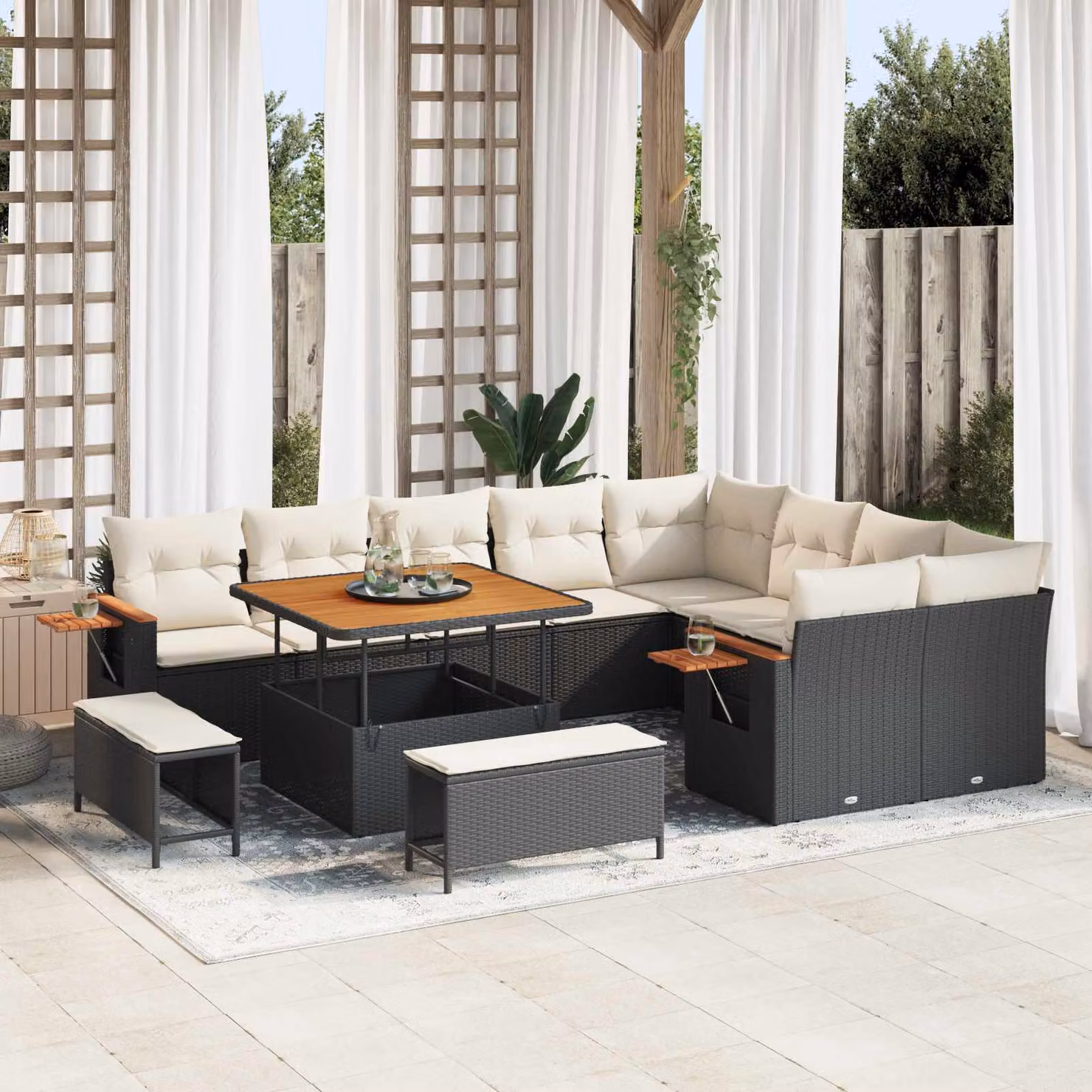Set Divano da Giardino vidaXL 12 Pezzi in Polyrattan Nero con Cuscini Beige e Tavolino da Esterno – 1