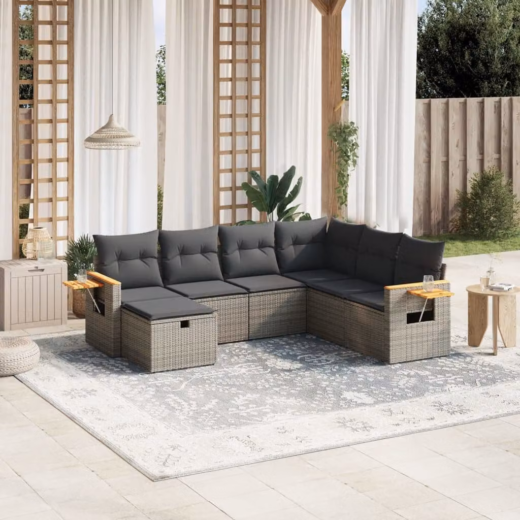 vidaXL Set Divani da Giardino 7 pz a L con Cuscini Grigio in Polyrattan e Acciaio – 1