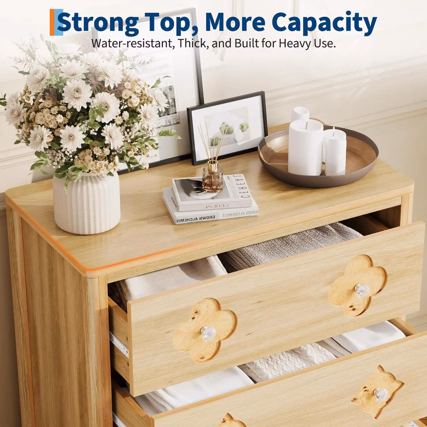 Mobile contenitore – Comodino con 3 cassetti – Legno – Motivo floreale delicato – Da montare – 80 x 40 x 77 cm – Colore kaki