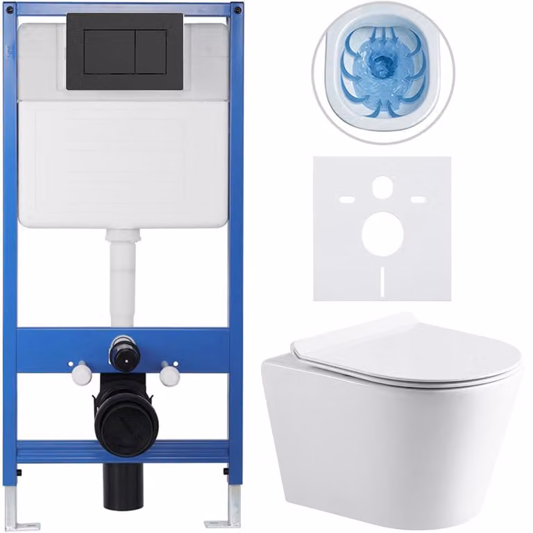 CERANO - Set completo per WC da incasso Lite/Norbi - bianco lucido - pulsante WC Classic, nero opaco - installazione a parete/cartongesso - 48,5x36,5 cm