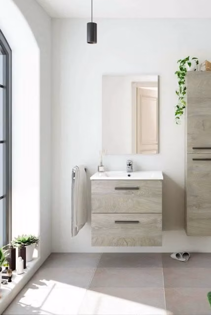 Mobile sottolavabo Affa DMORA per bagno sospeso con specchio e cassetti, Rovere, L: 60 cm, P: 45 cm, H: 67 cm – 1