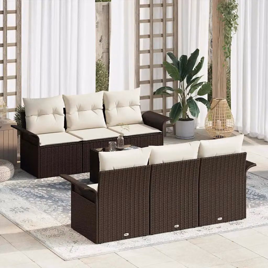 Set Divano da Giardino vidaXL 7 Pezzi a Forma di U Marrone e Beige con Cuscini e Tavolino in Polyrattan e Metallo – 1