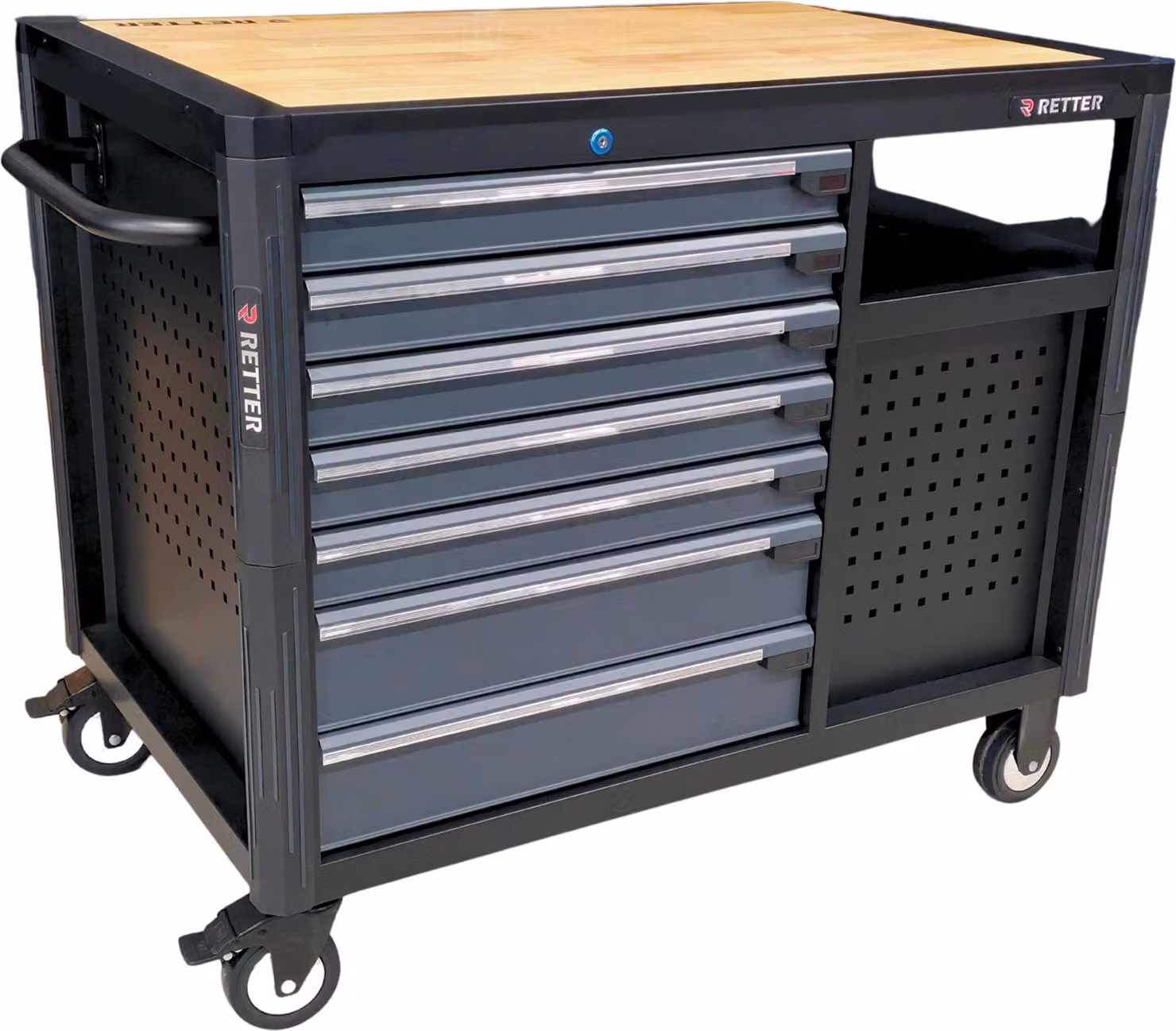 RETTER Carrello portautensili mobile RS12 - 1110 x 751 x 986 mm con piano di lavoro in legno, senza utensili