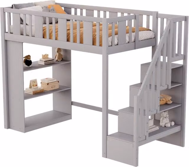 Letto a soppalco per bambini 90x200 cm con scala contenitore; grigio
