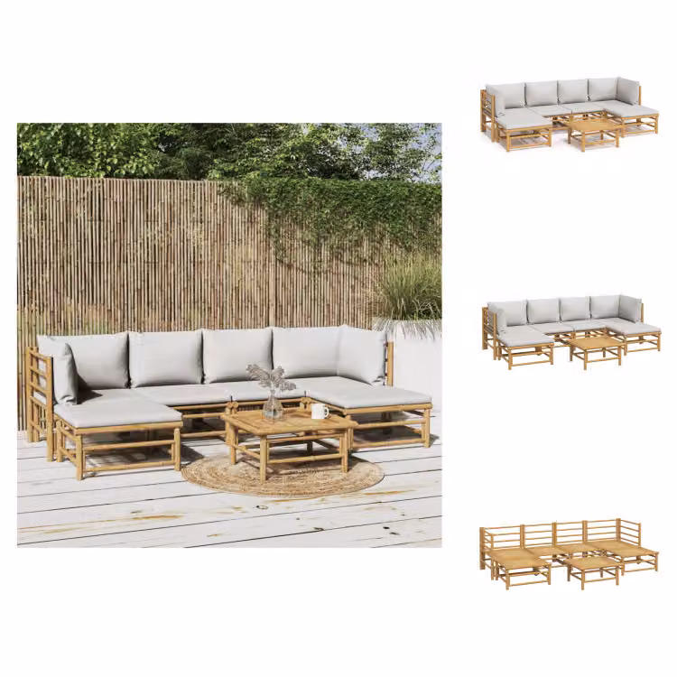 vidaXL Set di 7 pezzi per salotto da giardino con cuscini in bambù grigio chiaro - Set di mobili da giardino
