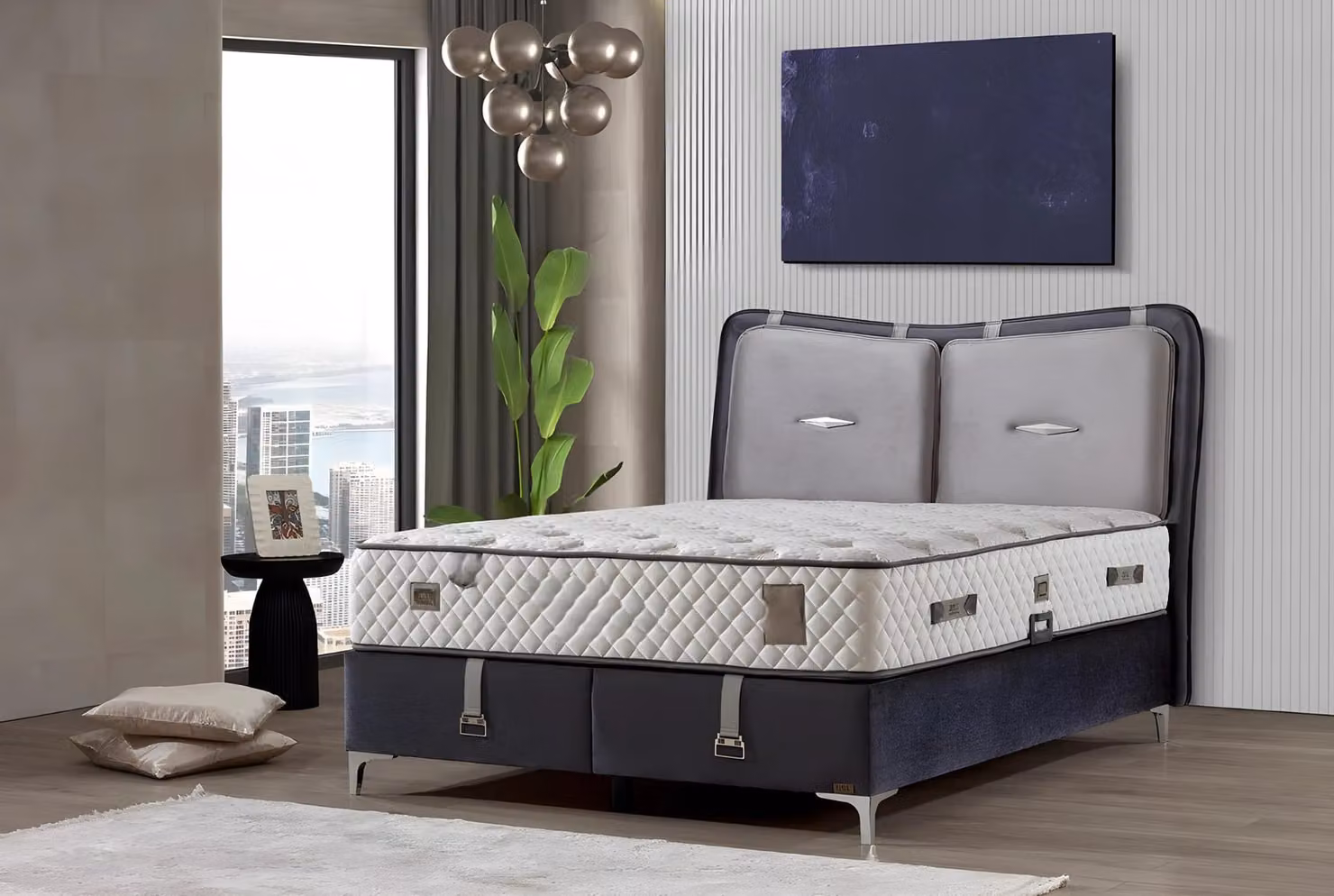 Elegantes graues Bett mit Matratze aus Holz und Textil