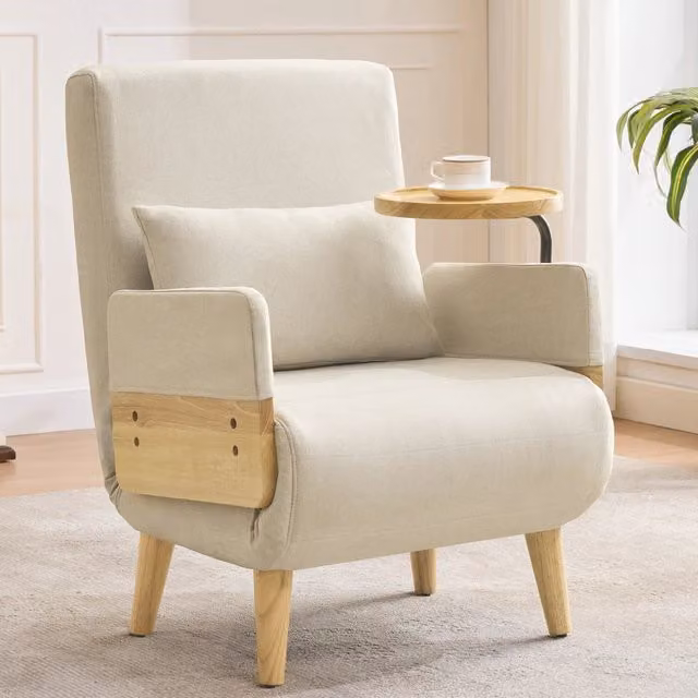 Poltrona convertibile 3 in 1 con schienale regolabile e vassoio girevole in lino beige, con cuscino
