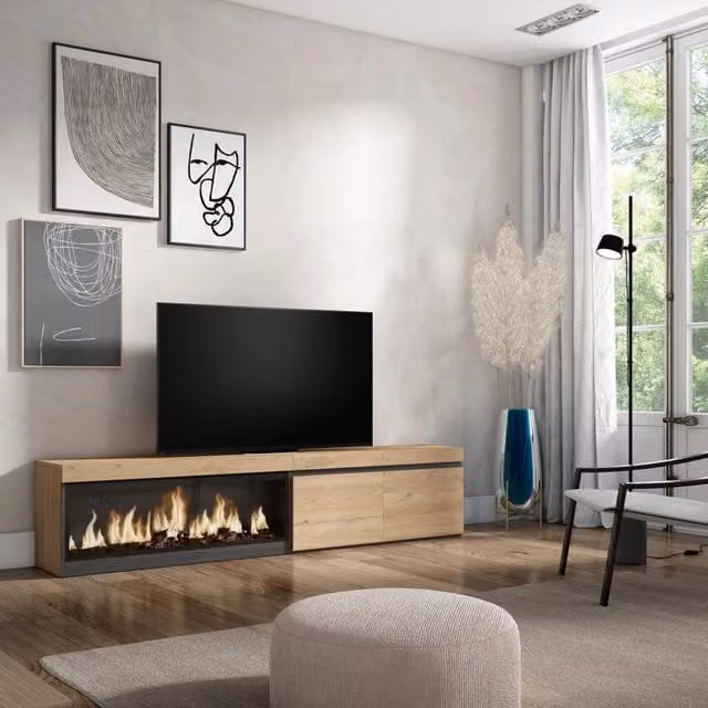 Mobile TV Soggiorno, 208x35x45cm, Per TV fino a 80", Camino elettrico XXL, colore Rovere RF3273