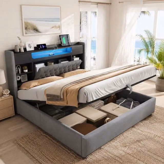Letto imbottito 180x200 cm grigio con contenitore idraulico, LED, USB e USB-C