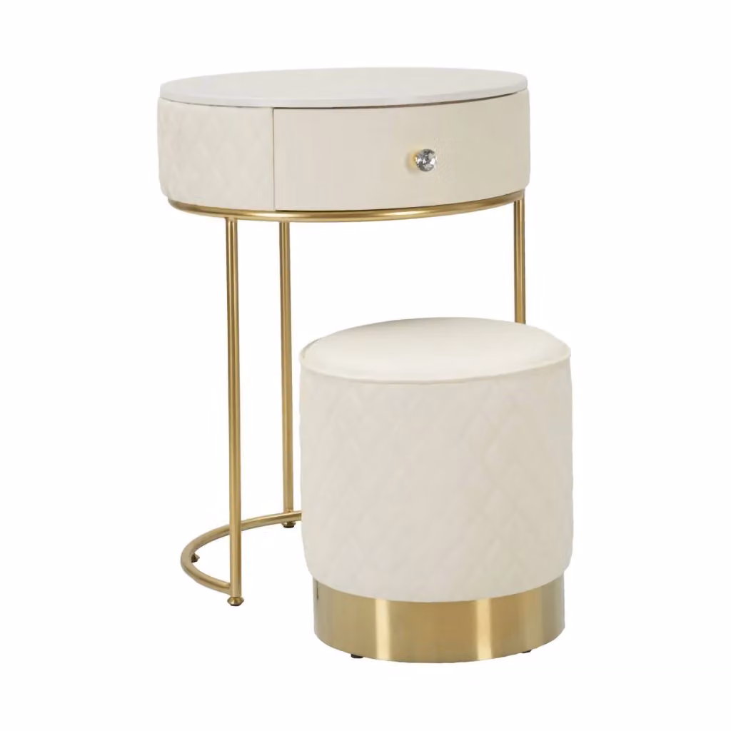 Comodino Miscano DMORA, Comò basso e Tavolino da notte con top imbottito, Bianco e Oro, L 52 cm x P 52 cm x H 70 cm – 2