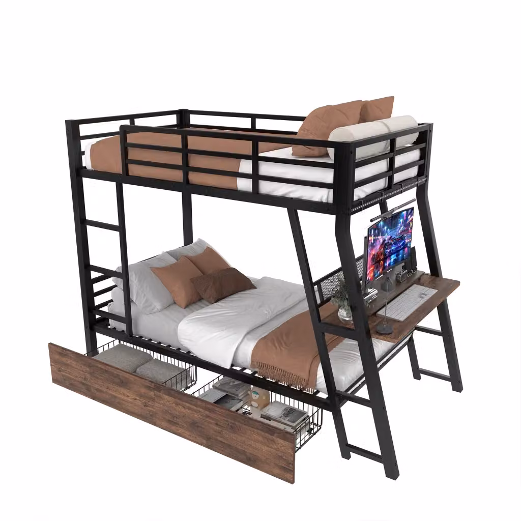 Letto a soppalco singolo Chicfurn con LED, scrivania, 2 cassetti e scala, colore nero, L/P/H: 200 x 90 x 180,5 cm – 2