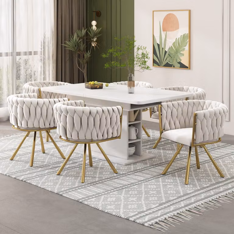 Sedia da pranzo Fliek, set da 6 sedie imbottite girevoli a 360°, sedia da cucina, sedia da trucco con rivestimento in velluto, sedia da salotto con braccioli e gambe in acciaio, beige dorato