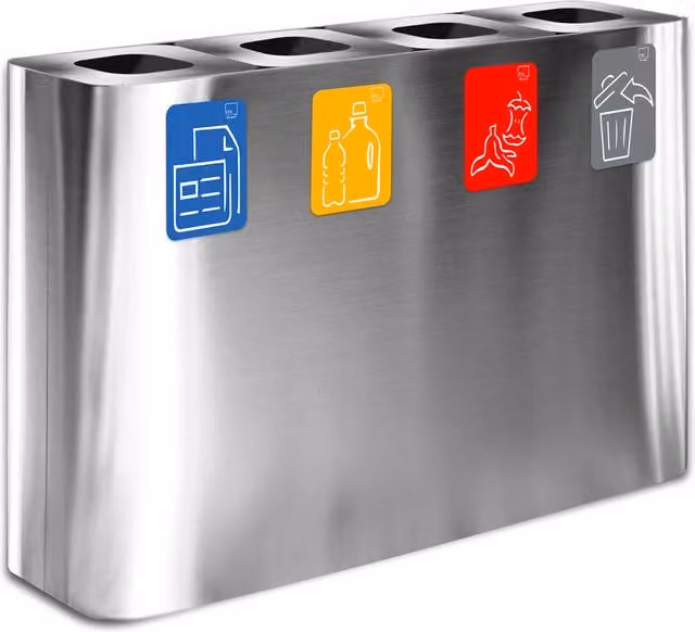 Pattumiera con sistema di raccolta rifiuti a 4 scomparti Giordanoshop in acciaio inox e alluminio, Argento, L 120 cm, P 30 cm, H 80 cm