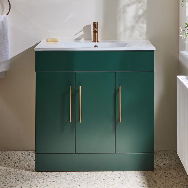 Mobile Bagno a Terra Verde Scuro da 810mm con Lavabo e Maniglie con Barra a T in Bronzo Satinato - Cluo
