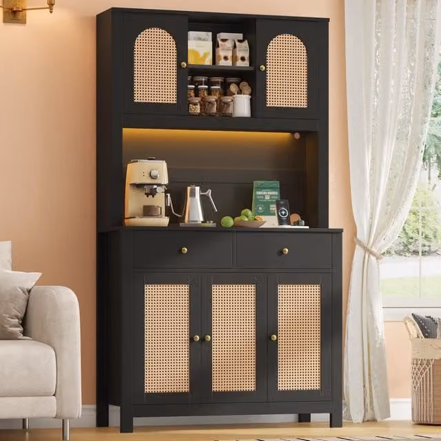 Mobile alto da cucina moderno in MDF e rattan nero e oro con illuminazione integrata L/P/H: 100 x 40 x 180 cm
