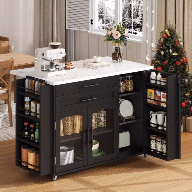 Carrello da cucina moderno REDOM con piano ribaltabile nero in MDF e metallo L/P/H: 120 x 45 x 90 cm