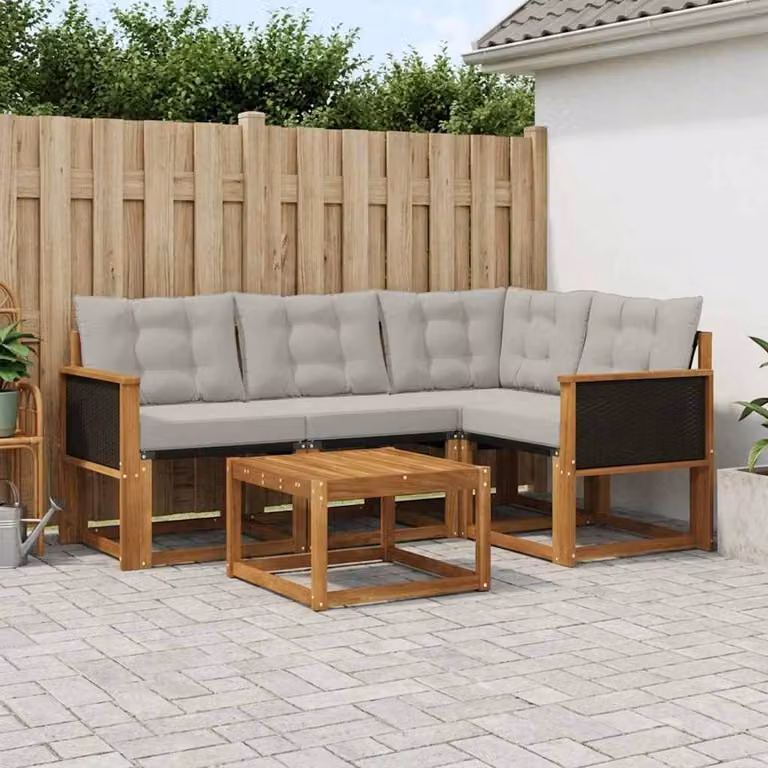 vidaXL Set di divani da esterno a L con tavolino in legno di acacia, 5 pezzi, Beige, Grigio e Marrone