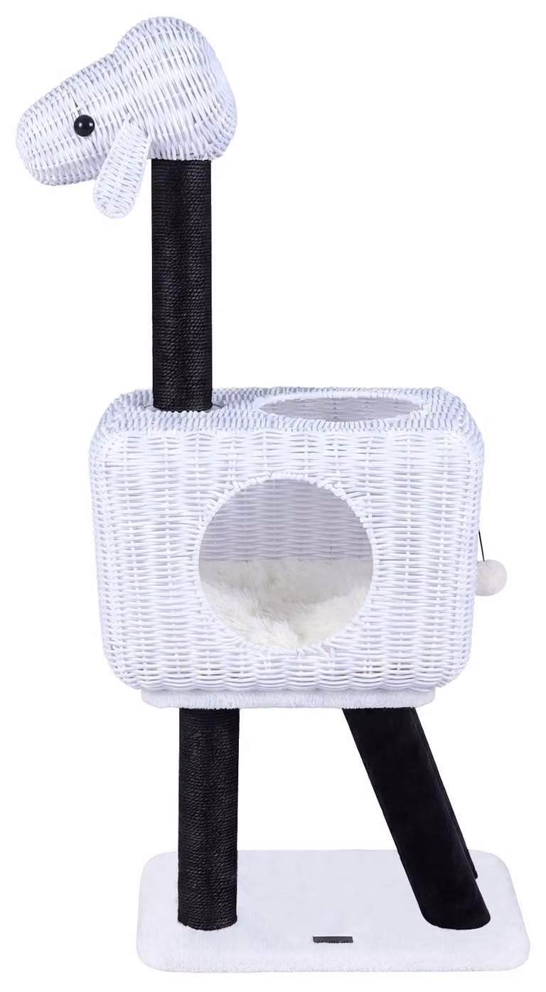 COSTWAY Tiragraffi alto 110 cm, tiragraffi in rattan PE, tiragraffi con cuccia per gatti, pallina, colonne tiragraffi in sisal e cuscino lavabile, fino a 20 kg, bianco